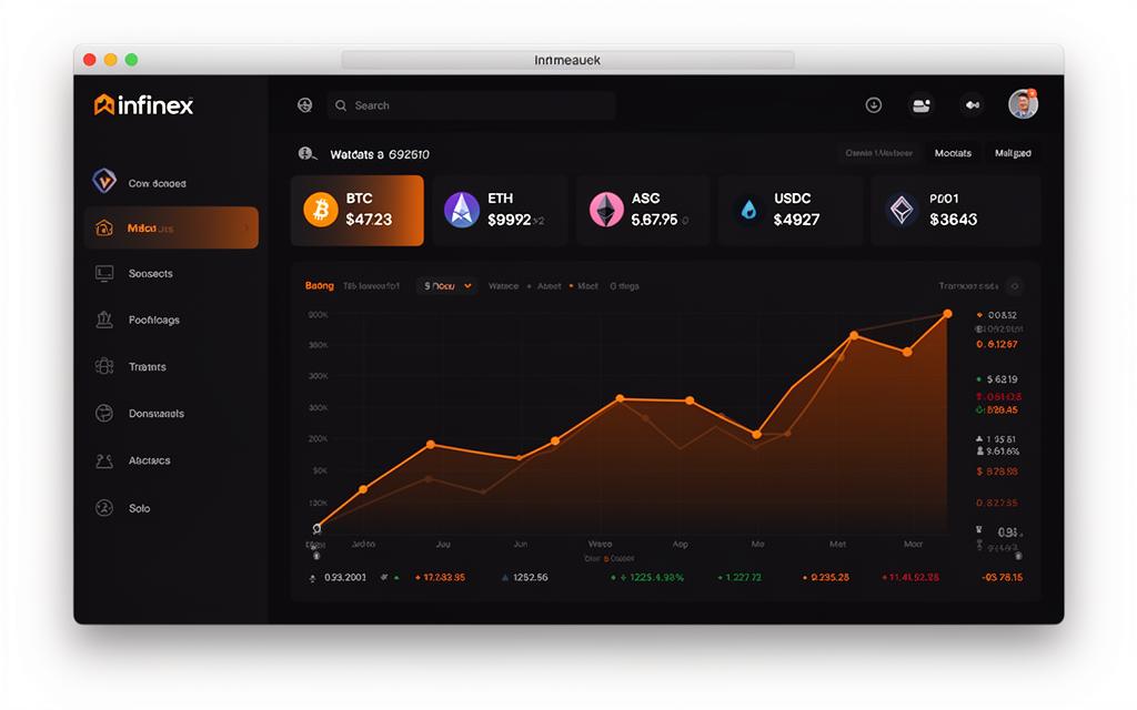 Infinex Desktop App on macOS showing portfolio dashboard with crypto assets and trading charts